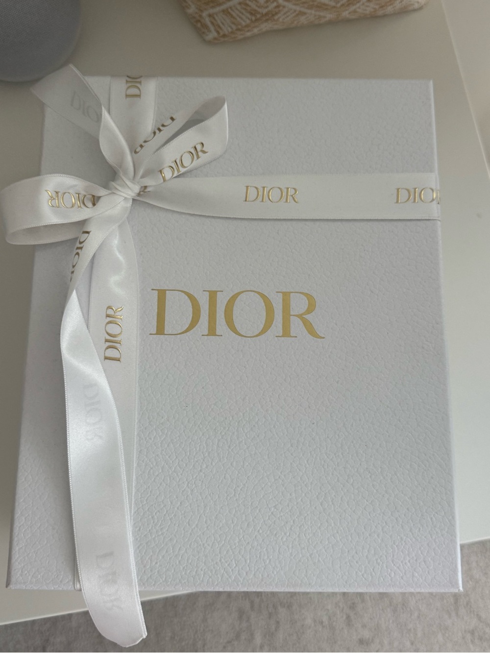 Dior White Gift Box with Gold Logo and Satin Ribbon